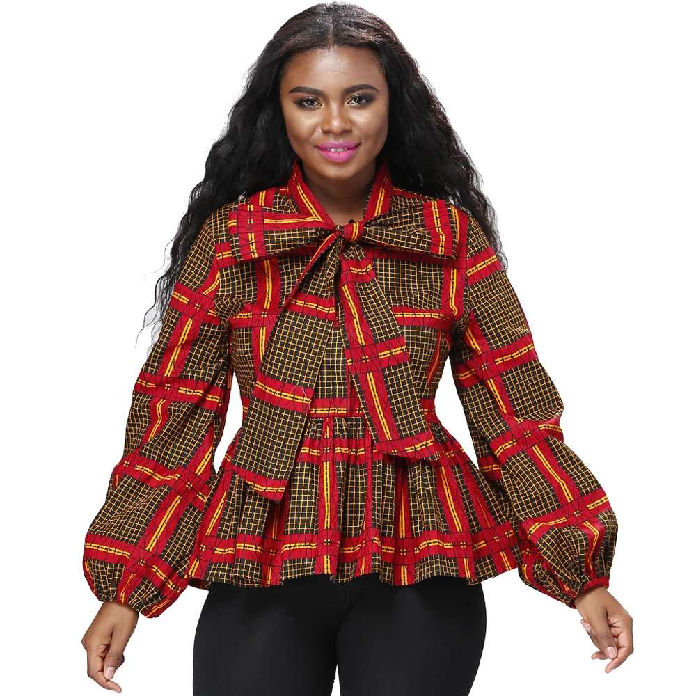 Fashion spring african print women long sleeve bow blouse ruffle bottom design casual top