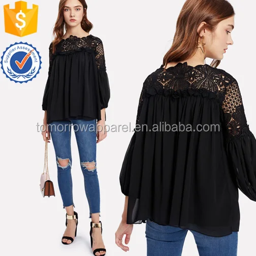 Guipure Lace Yoke Semi Sheer Smock Top Manufacture Wholesale Fashion Women Apparel (TA3072T)