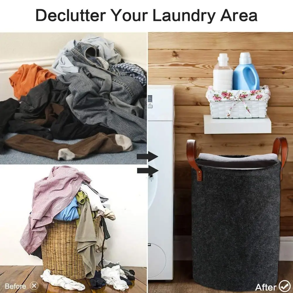Custom Large Laundry Basket Collapsible Laundry Hamper Foldable Waterproof Storage Basket Round Felt Dirty Clothes with Handles