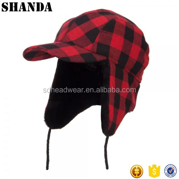 ear flap winter hats with strings and earflap red plaid woolen hat
