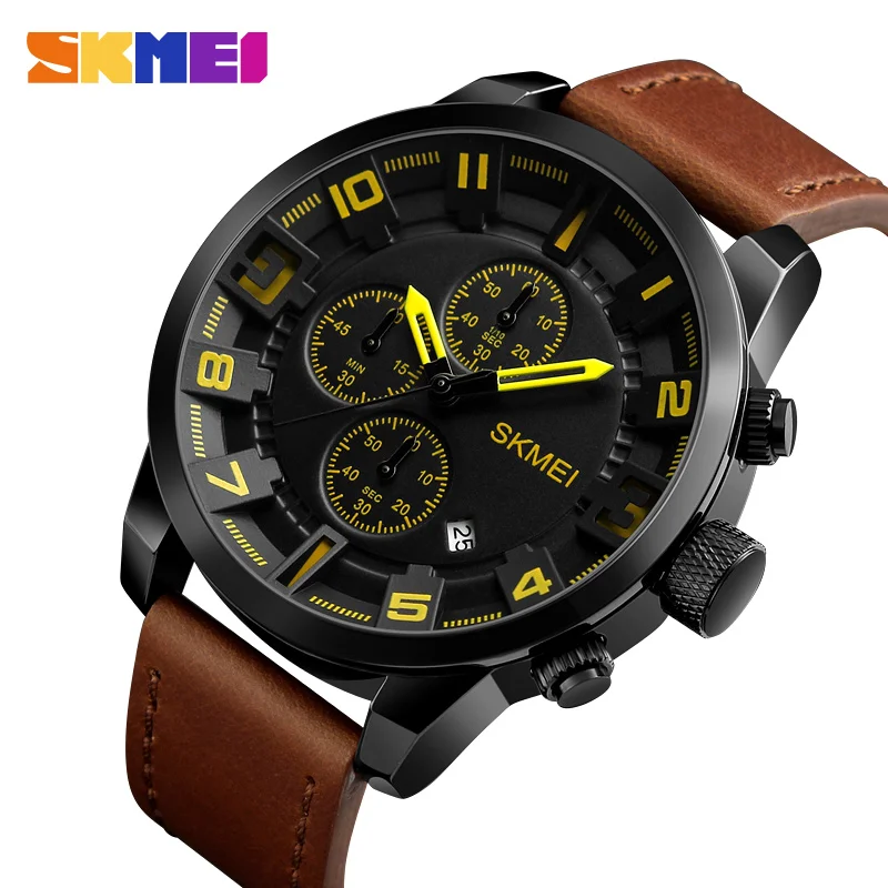 OEM accept SKMEI mens Watches Men Big Dial Stopwatch Leather Strap Waterproof  Male Clock  Men Fashion Watch Relogio Masculino