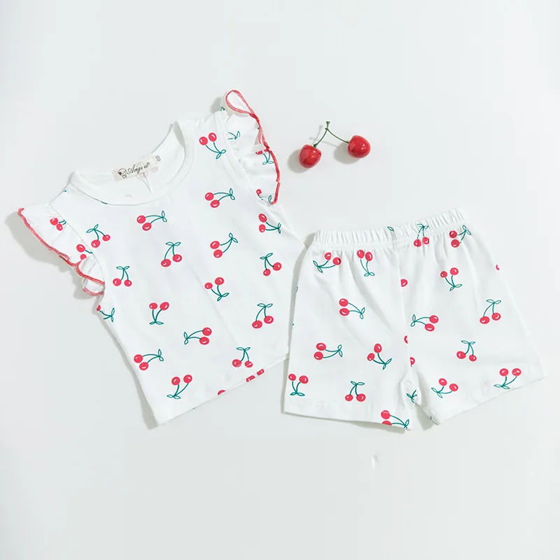 Summer girls clothing set cherry printed cotton baby suit