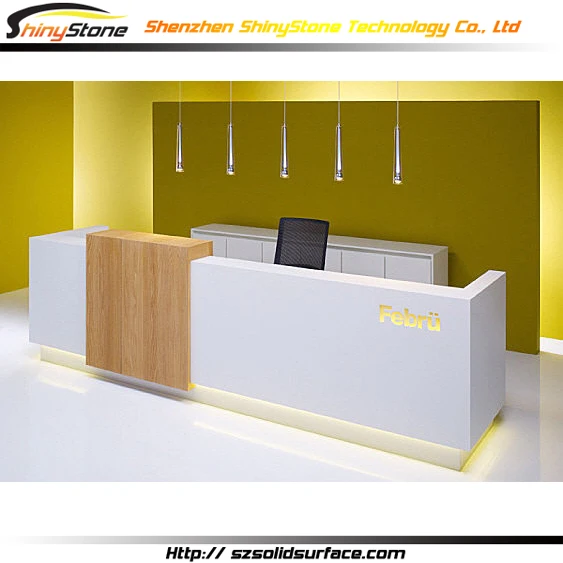 Top quality joinery front face L-shaped White Krion solid surface cash counter table front desk