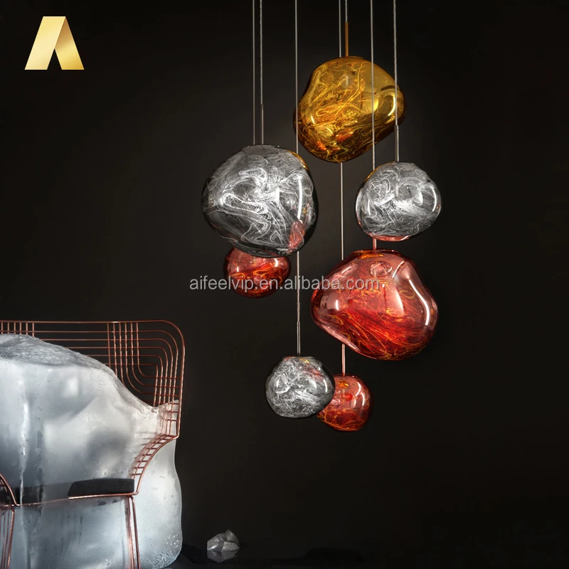 New style modern blow color glass irregularity ball shape gold metal holder pendant light for coffee shop or living room
