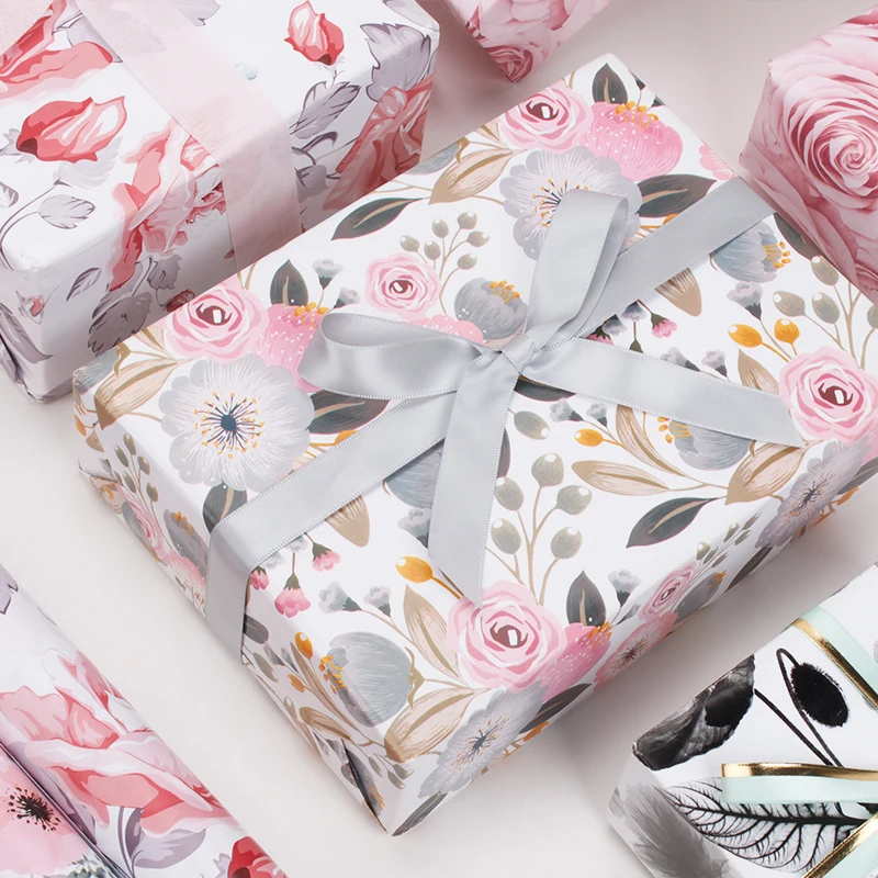 
Wholesale Beautiful Pink Rose Flowers Printed Wrapping Gift Paper Roll 