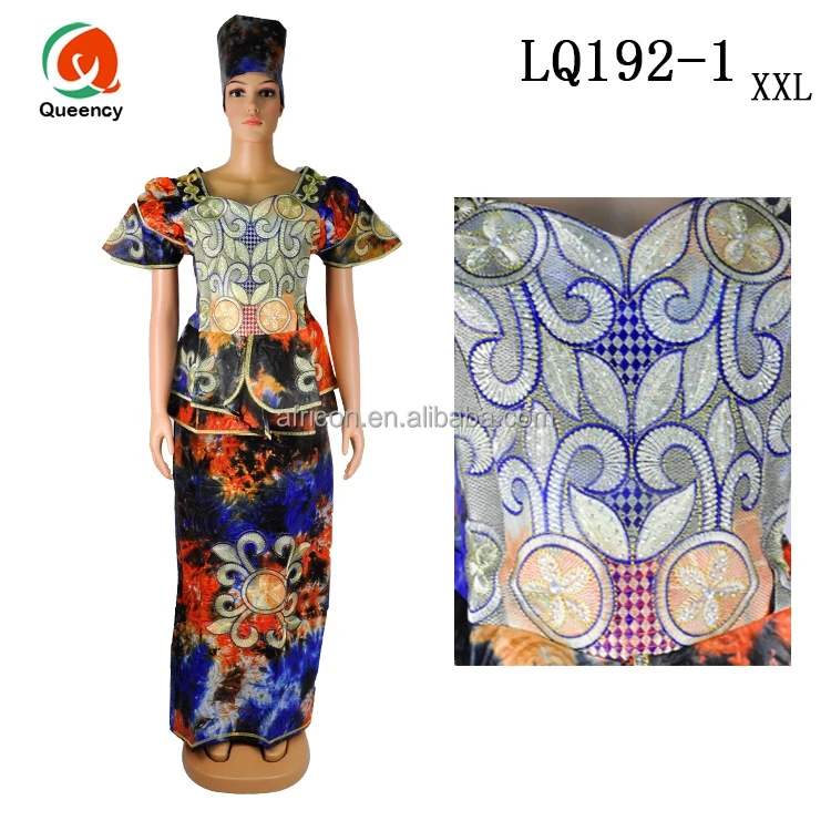 LQ192 Queency Fashion Style African Bazin Embroidery Design Dress with Head Scarf Plus Size
