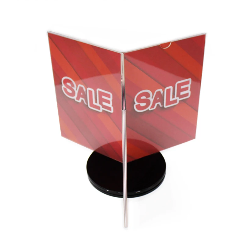 Wholesale rotating 3 sides acrylic display stand card sign holder with round base