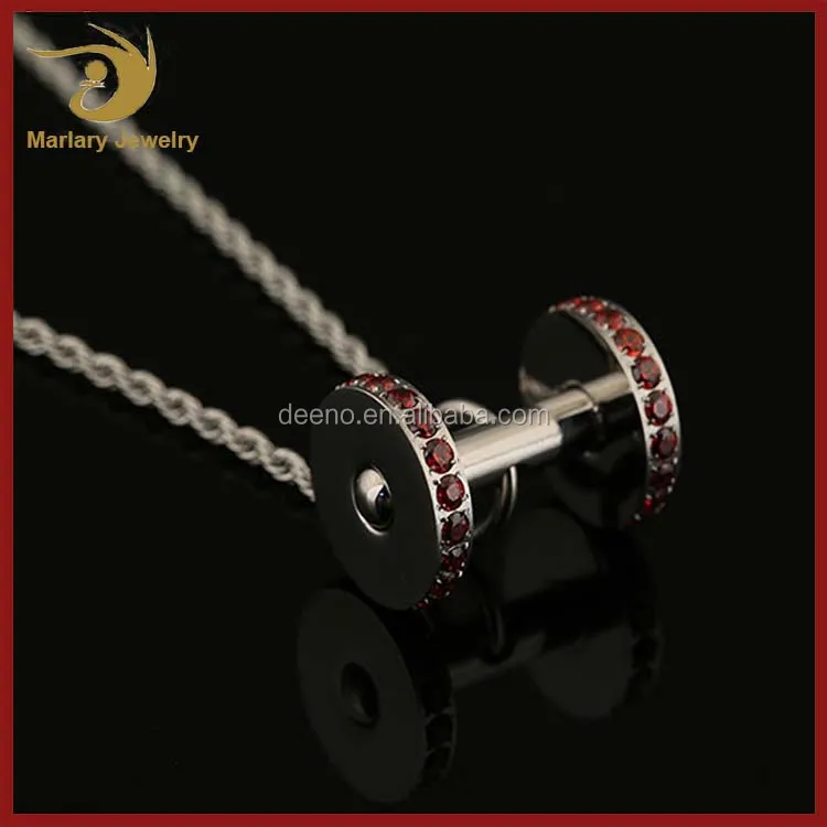 Promo Fitness Jewelry Stainless Steel Ruby Crystal Inlay Dumbbell Pendant Necklace Sport Gym Dumbbell Pendant