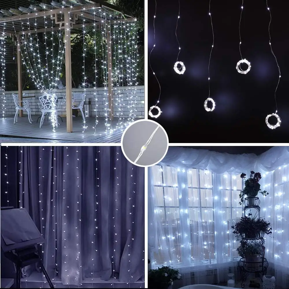 3x3m 300 LED Silver Wire Curtain Lights USB With Remote Fairy Lights String Garland For Home Garden Wedding Party Curtain Decor