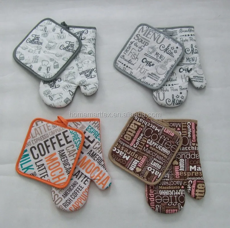 Heat resistant oven mitten custom LOGO printed kitchen BBQ oven glove pot holder set cotton new trend design