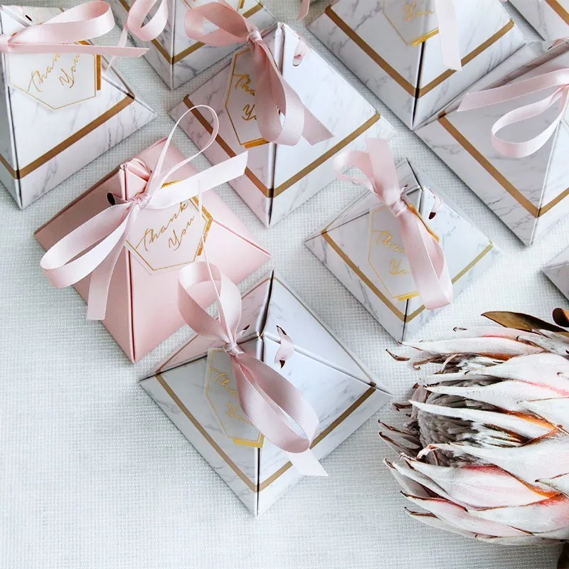 New Triangular Pyramid Marble Chocolate Candy Box Wedding Favors and Gifts Boxes