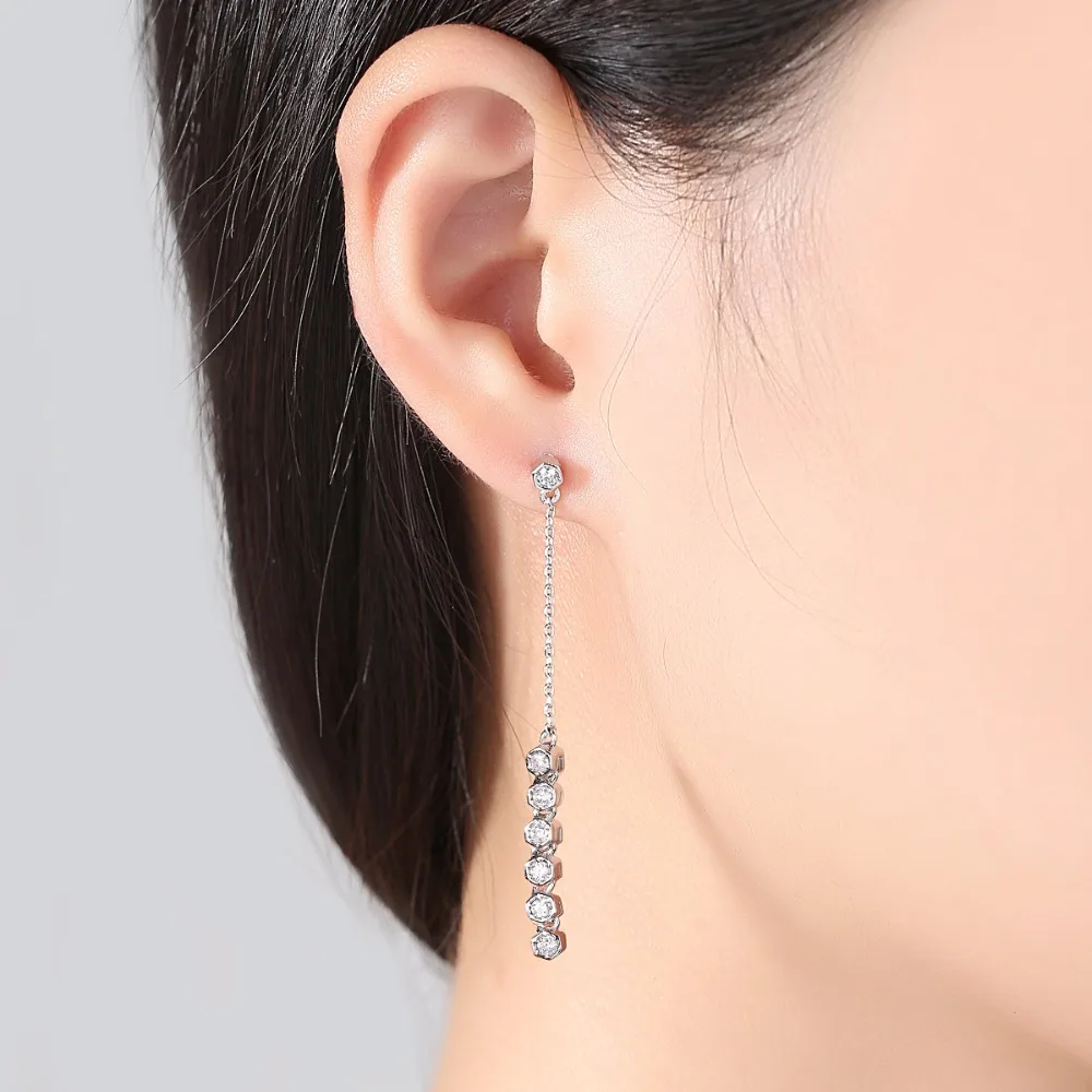 LUOTEEMI Women Silver Color Classic 7pcs Round Cut Cubic Zirconia Statement Link Chain Drop Earrings For Female Dangle Earrings