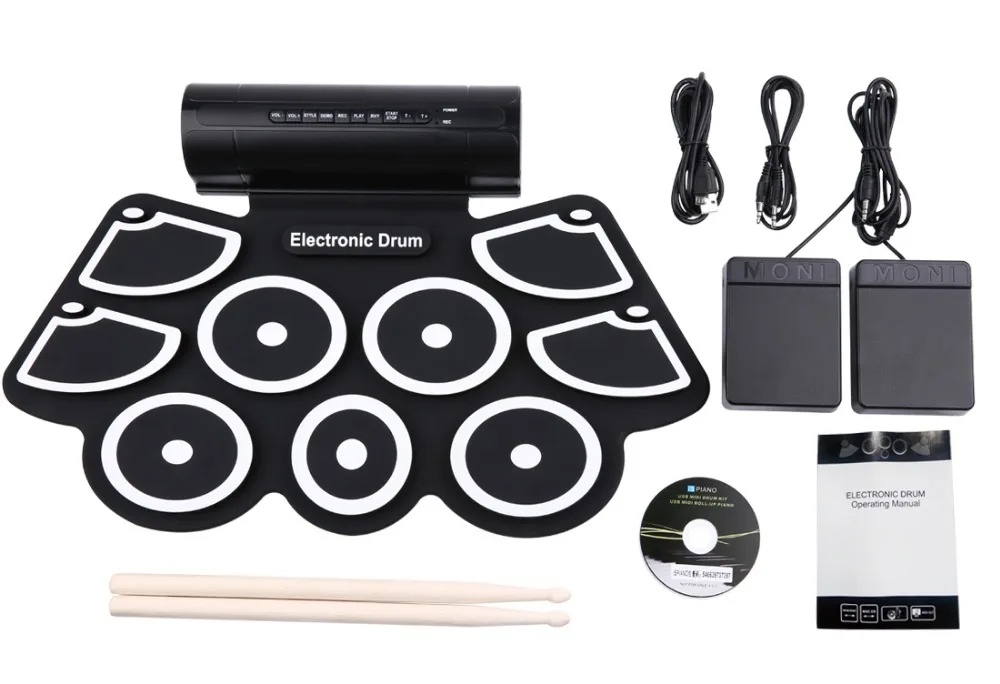 Roll-Up Drum Kit with Built-in Speaker Foot Pedals, Drumsticks, and Power Supply Foldable Portable Electronic Drum Set