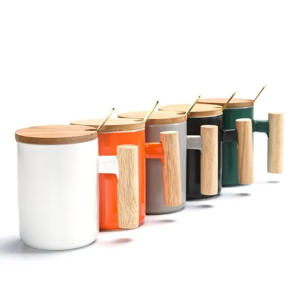 Creative customized logo ceramic coffee mug , Simple style porcelain cup with wood handle