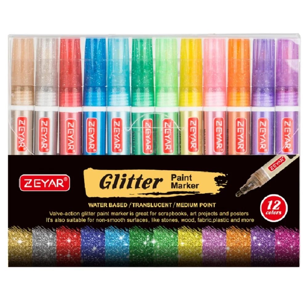 Индивидуальные zeyar блеск краски маркер на водной основе клапан краски действия ручки, средний наконечник, 12 видов цветов на водной основе краска акриловая ручка