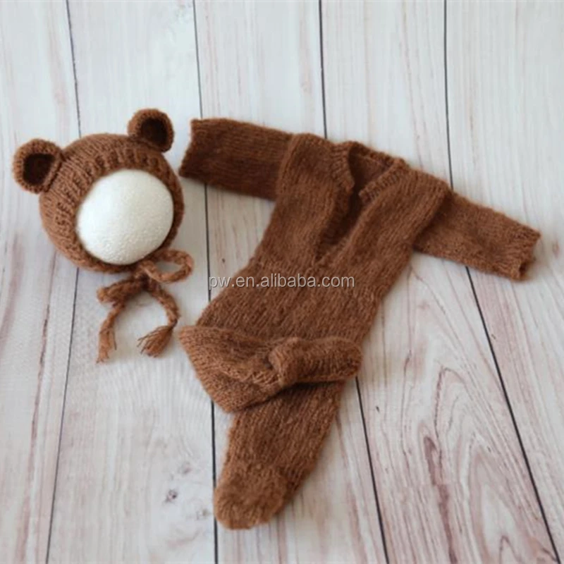 Knit mohair footed sets Newborn bonnet photography props Newborn mohair romper Crochet baby hat and hooded romper