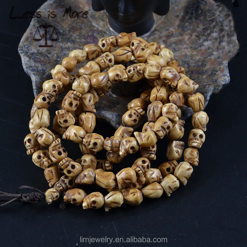 108 carved yak bone mala 8-9 x 10-11mm skull beads necklace jewelry