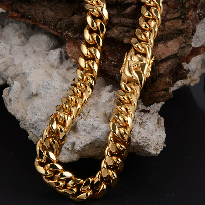 High Quality PVD Gold Plating  Stainless Steel Miami 18mm Cuban Chain For Man