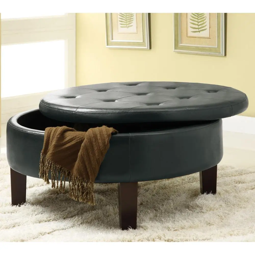 Over -sized Fabric Storage Pouf Cream Round Footstool Ottoman Upholstered Coffee Table