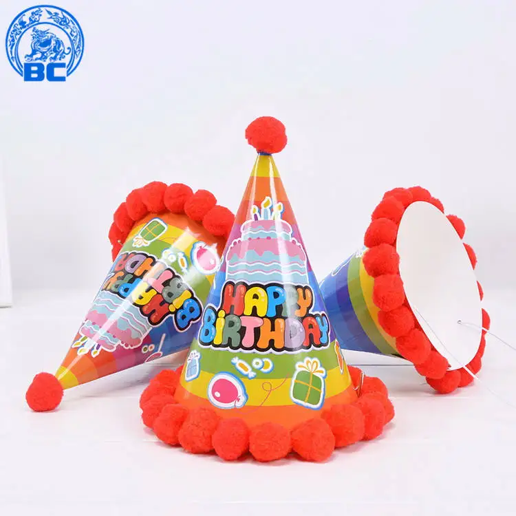 
2018 Wholesale party supplies kids birthday paper cone hat with pom poms 