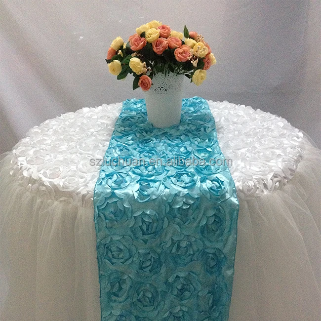 Wedding Light Blue Satin Rosette Table Runner For Round Tables