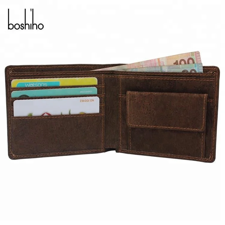 Boshiho Eco friendly product wholesale men dark brown cork wallet with coin pocket custom minimalist slim wallet