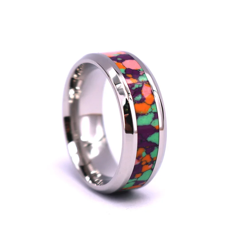Colorful Opal Inlay Tungsten Wedding Ring, Multi Color Opal Stone Mens Rings Tungsten