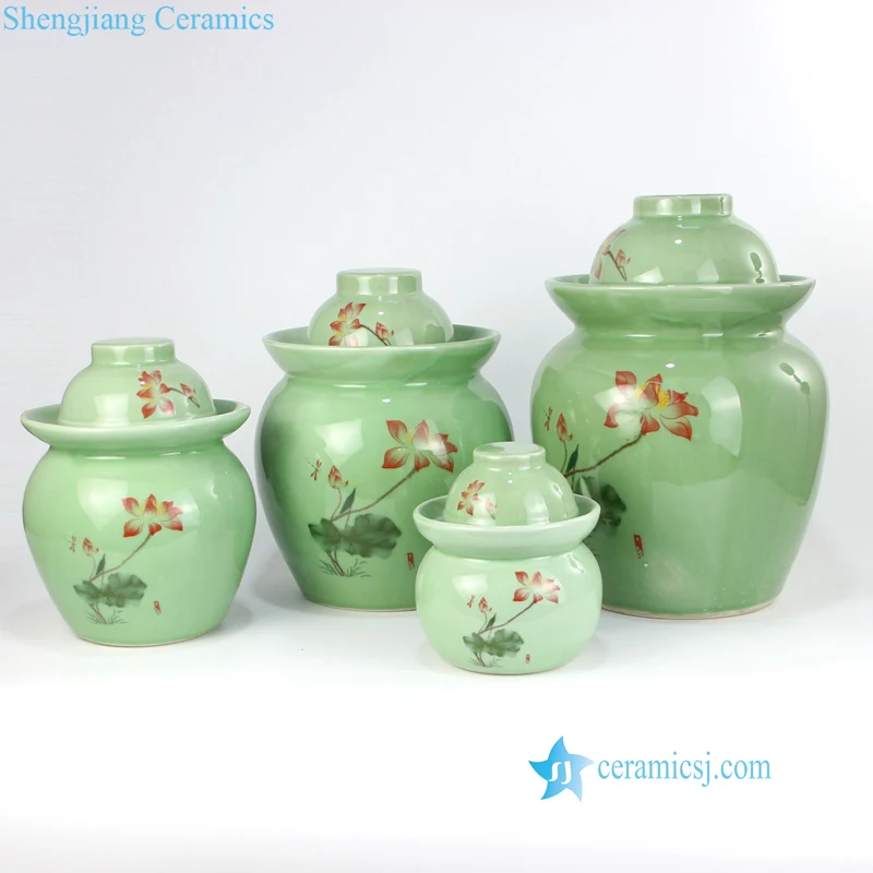 RYXM02 Green color background red lotus pattern pottery pickle jar