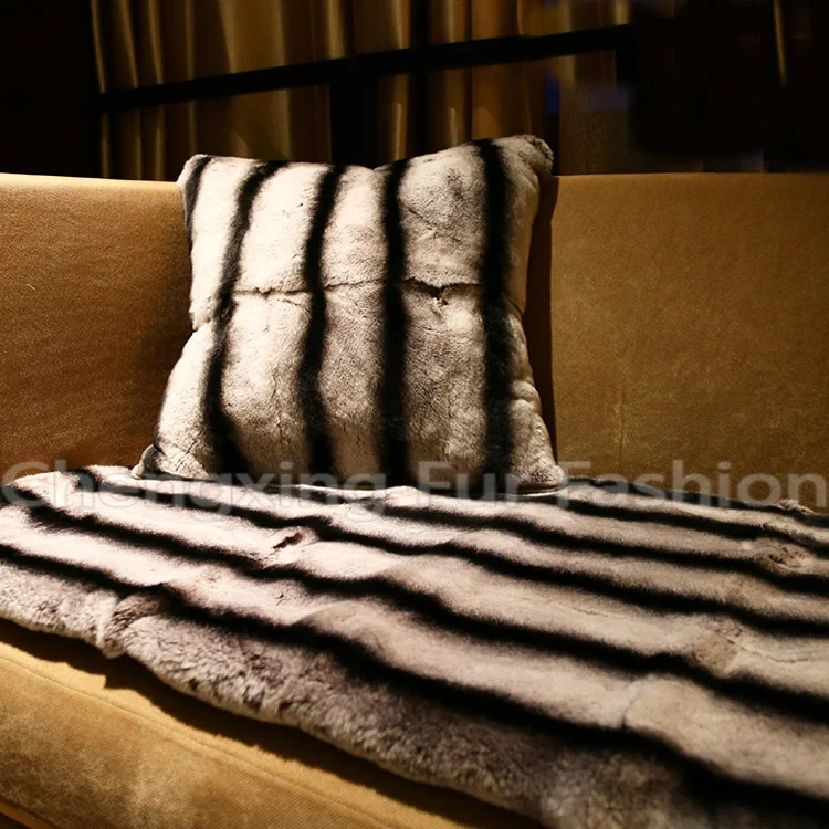 CX-D-128B Handmade Luxury Home Decoration Chinchilla Fur Throw Rug Real Rex Rabbit Fur Blanket