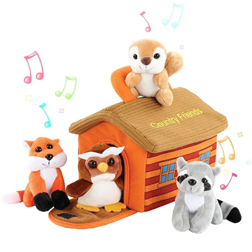 Cute Plush Woodland Animals Toy Set For Kids With Carrier Stuffed Owl, Raccoon, Fox & Squirrel Toys With Sound