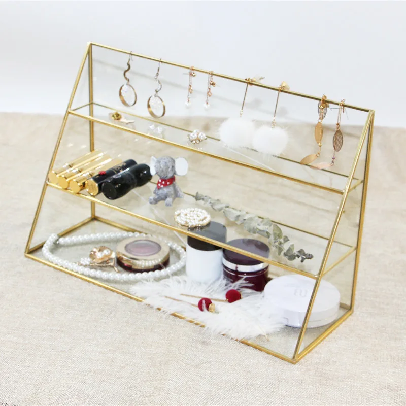 European Gold Glass Trapezoid Metal Jewelry Rack Home Decoration