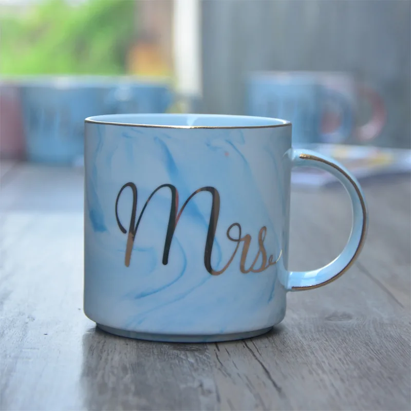 European Gold ceramic  breakfast coffee cup and milk tea cup Mr Ms letter Men women marble Mug