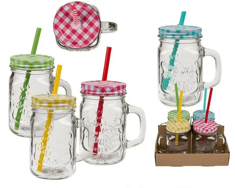Glass Drinking Cup with Handle & Straw Glasses Mason Jar Storage Bottles & Jars CLASSIC Beverage BSCI Sustainable Glass Canister