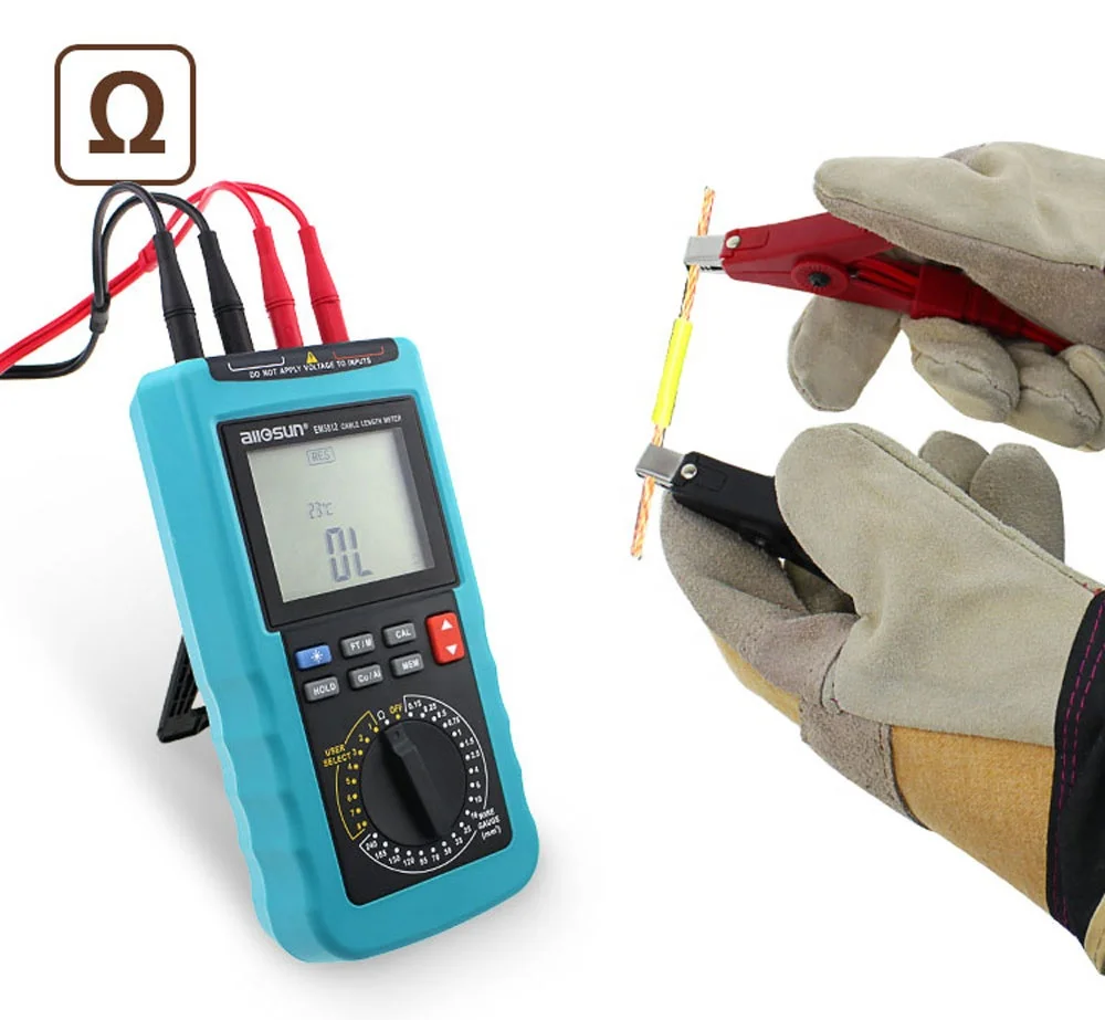 Allosun EM5812 cable length meter Digital Cable Resistance Tester 30KM/100000ft Wire Cable Length Tester Meter