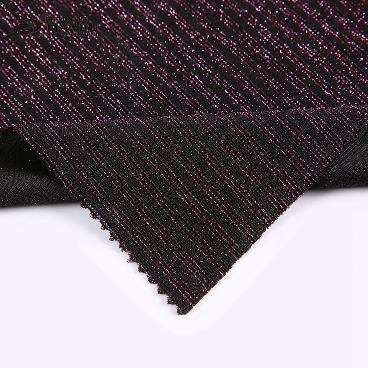 Professional purple plain dyed polyester silver shiny metallic lurex sweater knit fabric