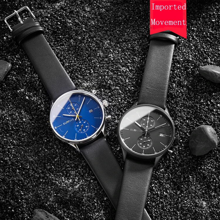 customized 3ATM Waterproof Sapphire Mens Black Genuine Leather Quartz Wrist  Stainless Steel Watch