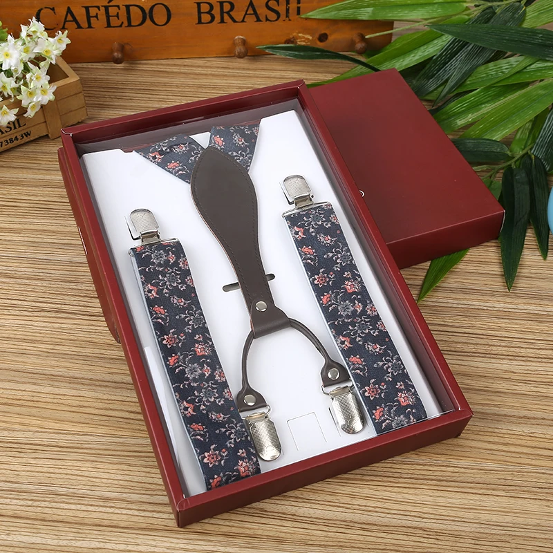 Machine print dark blue stripe 4clips pocking mark matel clips adjustable brace for men