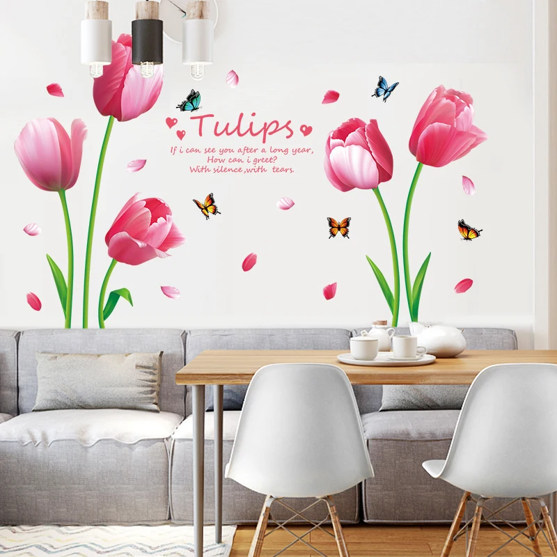 YIYAO Pink Tulips Flowers Paper Home Decal Removable Butterflies Wall sticker
