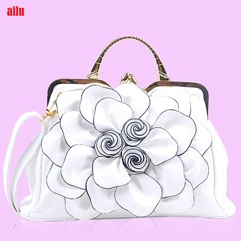 Classic large flower rose leather ladies handbag, office lady leather handbag
