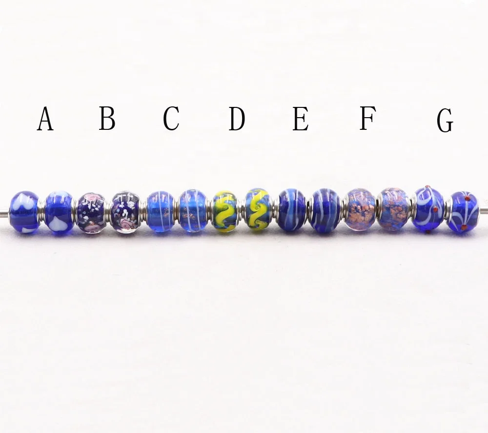 Wholesale Mix in Bulk Blue Series Silver Plated Core Large Hole Beads Murano Glass Big Hole Beads European Bracelet Charms