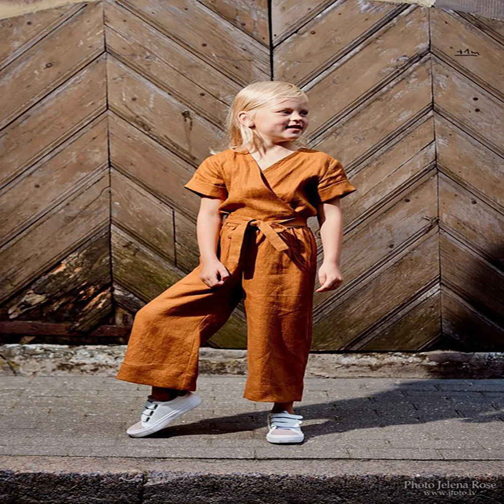 
Wholesale Baby Girls Linen Cotton Clothing Long legging Loose Casual Overalls Short Sleeve Kids Girls Jumpsuit 