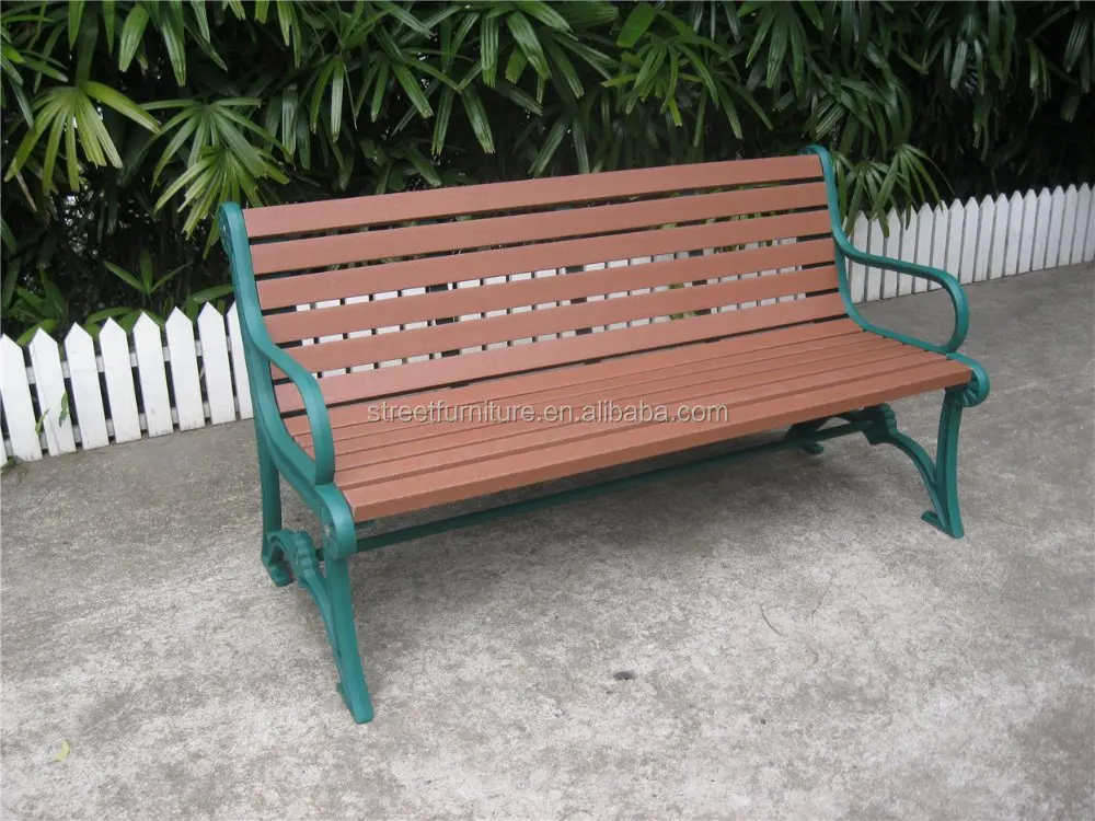 Metal outdoor bench for public park with cast iron bench legs