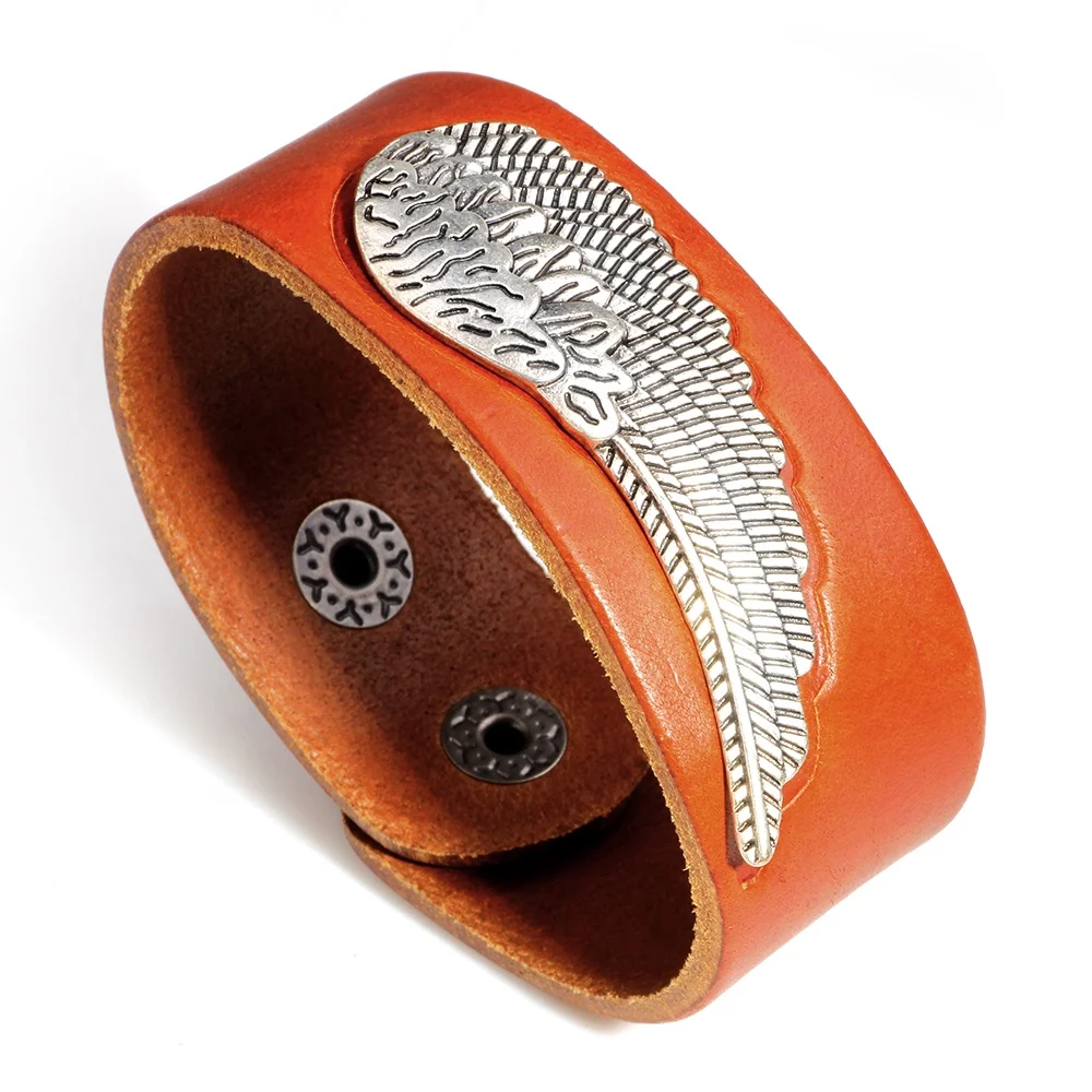 Women men alloy angel wing embossed genuine leather bracelet with metal buttons adjustable