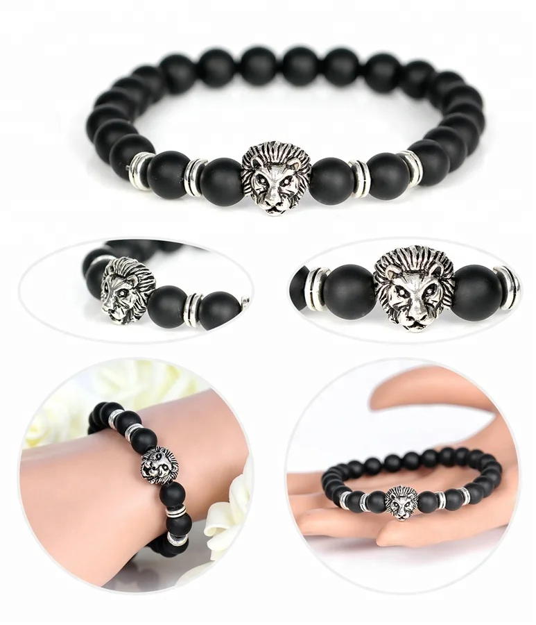 New Arrival ! Cubic Zircon Micro Lion Head Charms Bracelet ,Women Men Natural Lava Stone Matte Agate Bead Handmade Bracelet