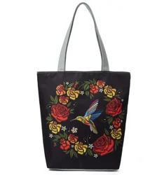Women Black Bottom Printing Polyester Beach Hand Bag or Negotiable Custom 5 Days Flowers 3 Pcs Square 27x11x38cm as Image CN;JIA