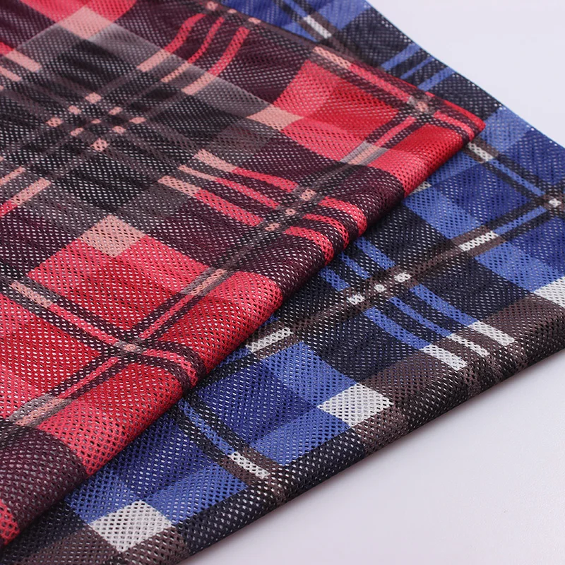 
75D eyelet fabric mesh polyester fabric with red check print 