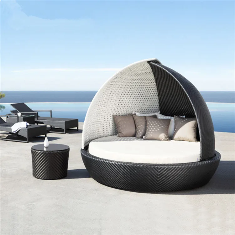 Aluminum frame canopy design poolside furniture rattan outdoor round sun bed lounger