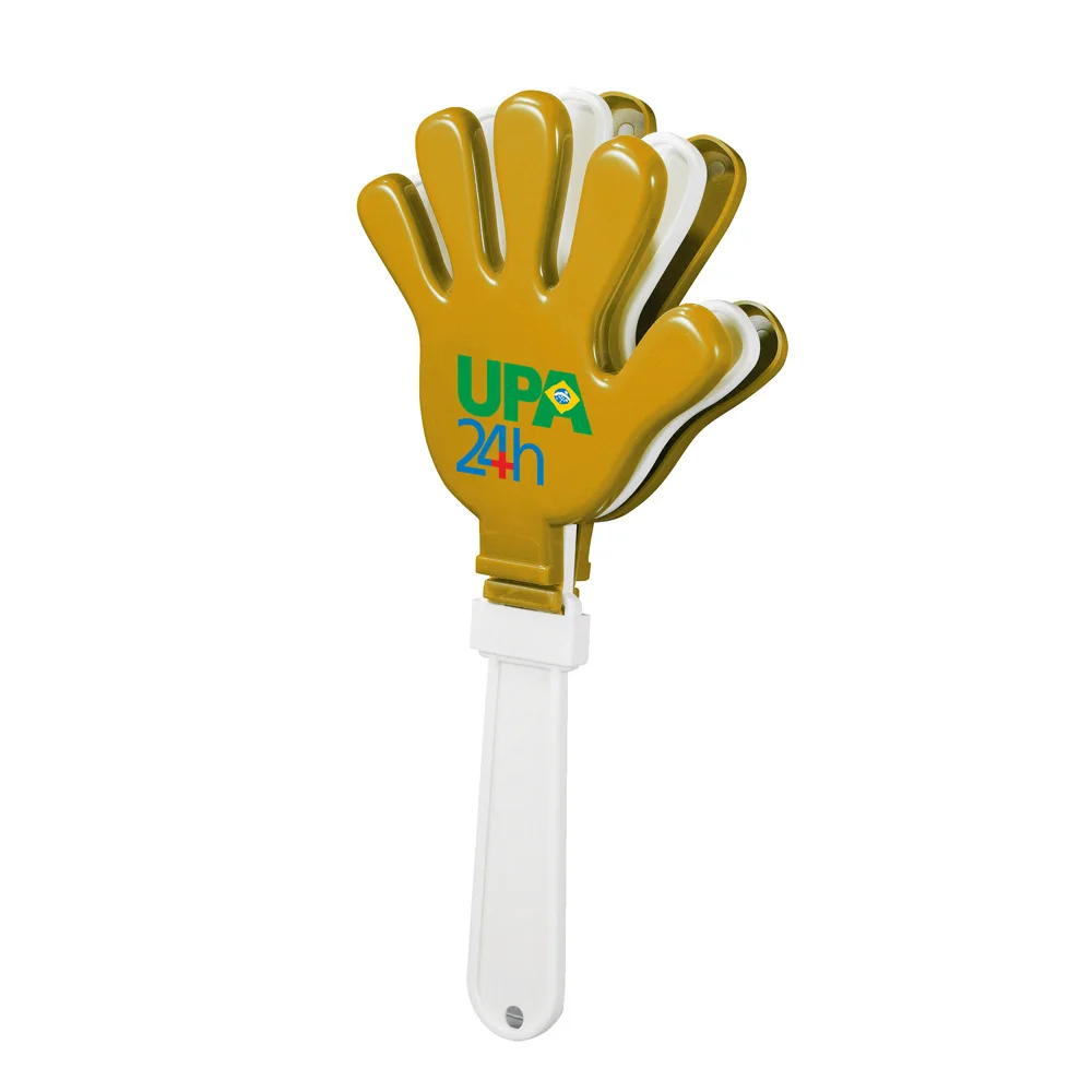 Kids popular gift white handle top advertising logo printed three finger splay shaped shaking cheering clapper noise maker toy