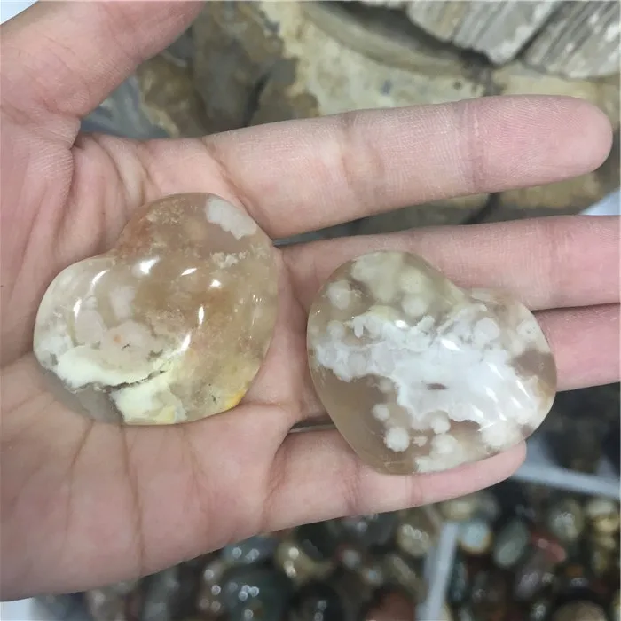
Wholesale Natural Carved Sakura Agate Hearts Quartz Stone Heart For Pendant 