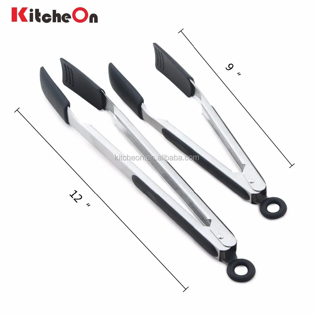 9 Inch and 12 Inch Stainless Steel Locking Food Tongs with Silicone Heads
